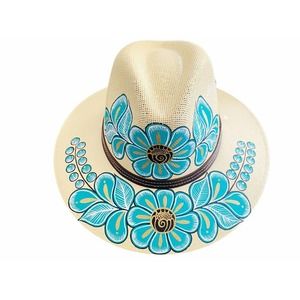 Floral Embroidered Cream and Blue Women's Hat